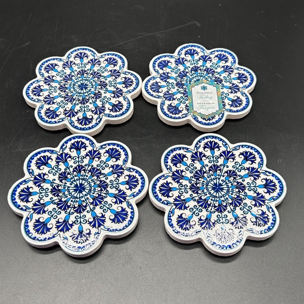 Set Of 4 Turkish Ceramic Coasters Design Made In Turkey Blue White Flower New - Picture 5 of 6